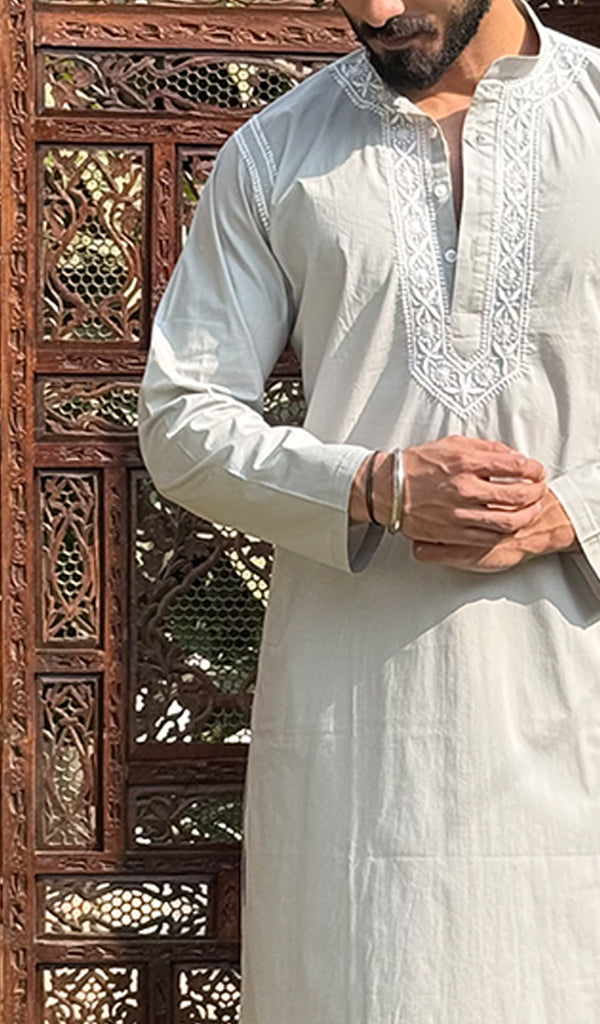 Men's Lucknowi Handcrafted Cotton Chikankari Kurta - HONC0115447