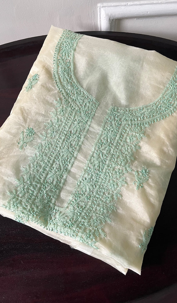 Lakhnavi 手工制作的欧根纱 Chikankari 未缝合 Kurti 面料 - Honc0133587