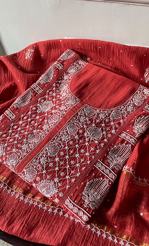 Women's Lakhnavi Handcrafted Mul Chanderi Semi - Stitched Kurta And Dupatta Set - HONC0282233