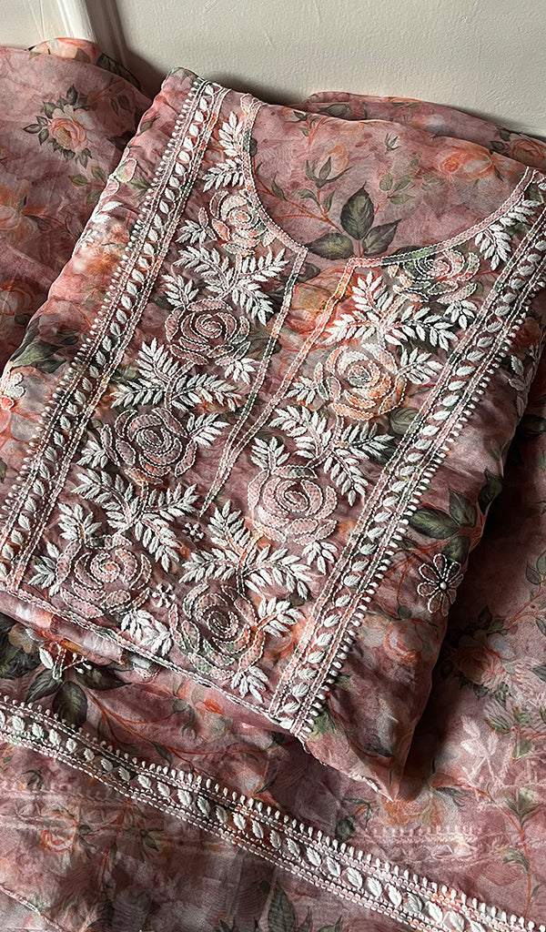 Women's Lakhnavi Handcrafted Organza Chikankari Unstitched Kurta And Dupatta Set - HONC0268888