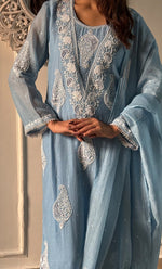 Load image into Gallery viewer, Women's Lakhnavi Handcrafted Mul Chanderi Chikankari Stitched Kurta, Dupatta And Pant Set - HONC0317786