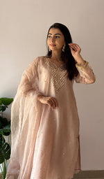 Load image into Gallery viewer, Alfia Women's Lucknowi Handcrafted Pure Organza Silk Stitched Chikankari Kurta, Dupatta With Pant Set- HONC0362256