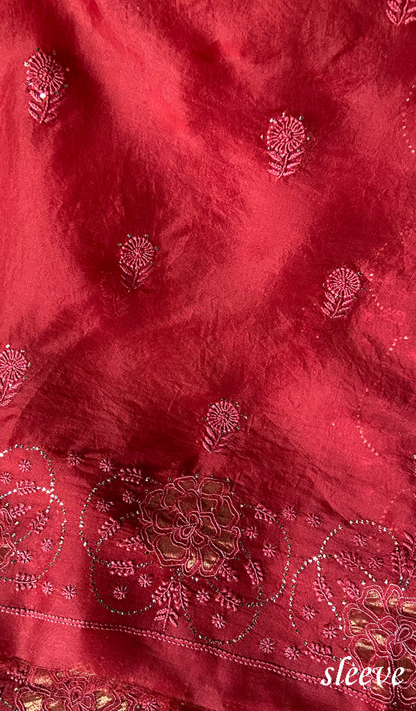 Women's Lakhnavi Handcrafted Pure Organza Chikankari Unstitched Kurta And Dupatta Set- HONC02261147