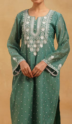 Load image into Gallery viewer, Jazba Women's Lakhnavi Handcrafted Mul Chanderi Chikankari Stitched Kurta, Dupatta And Pant Set - HONC0458975