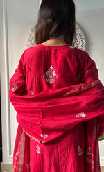 Load image into Gallery viewer, Women's Lakhnavi Handcrafted Mul Chanderi Chikankari Stitched Kurta, Dupatta And Pant Set - HONC0314455