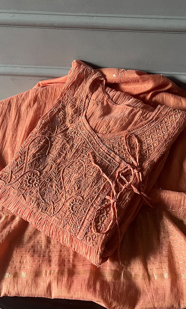 Aaliyah Women's Lakhnavi Handcrafted Mul Chanderi Semi - Stitched Angrakha And Dupatta Set - HONC0277639