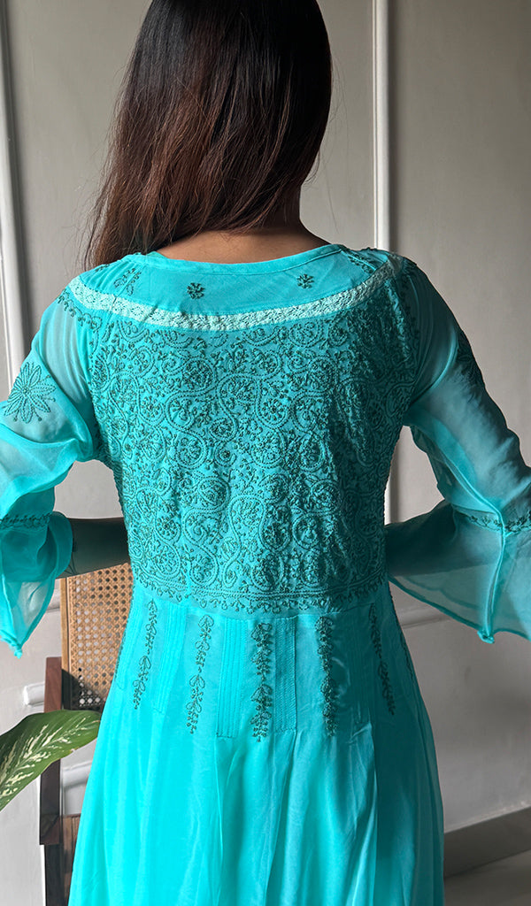 Aadab Women's Lucknowi Handcrafted Faux-Georgette Chikankari Anarkali Dress - HONC038933