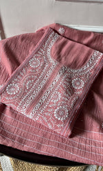 Load image into Gallery viewer, Women's Lakhnavi Handcrafted Mul Chanderi Chikankari Semi - Stitched Kurta Dupatta Set - HONC0301238