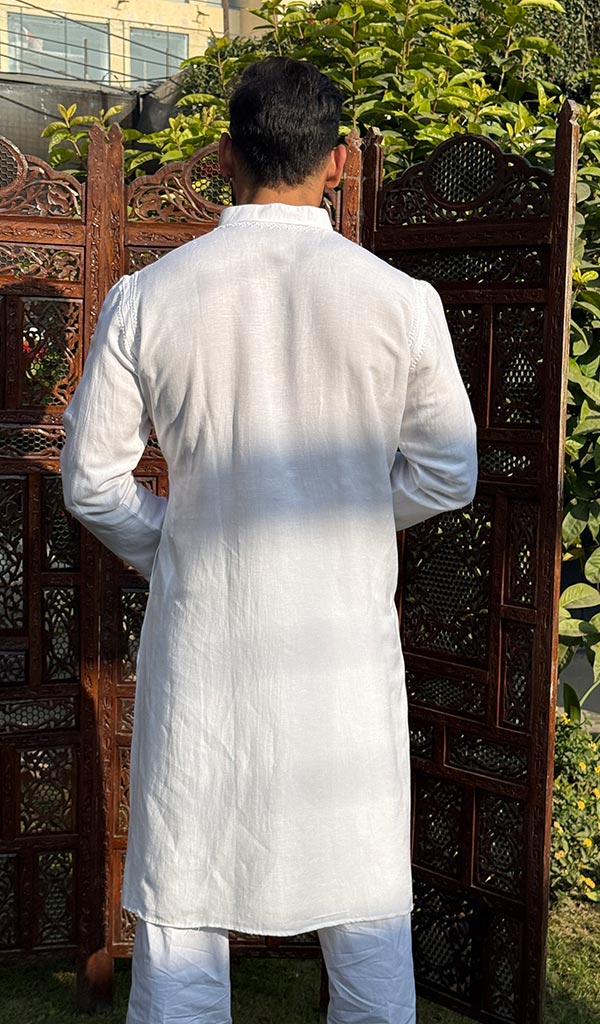 Men's Lucknowi Handcrafted Linen Cotton Chikankari Kurta - HONC0253037