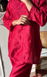 Load image into Gallery viewer, Imara Women's Lakhnavi Handcrafted Chanderi Silk Chikankari Top And Pant Set - HONC0340435