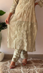 Load image into Gallery viewer, Women's Lucknowi Handcrafted Mul Chanderi Stitched Chikankari Kurta And Plazzo Set- HONC0378820