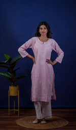 Load image into Gallery viewer, Pink Women's Lucknowi Handcrafted Cotton Chikankari Kurti