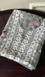 将图像加载到图库查看器中, Women's Lakhnavi Handcrafted Organza Chikankari Unstitched Kurti Fabric - HONC0165688