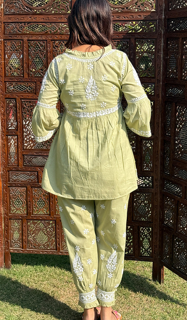 Rania Women's Lakhnavi Handcrafted Cotton Chikankari Short Kurta And Afghani pant Set - HONC0268726