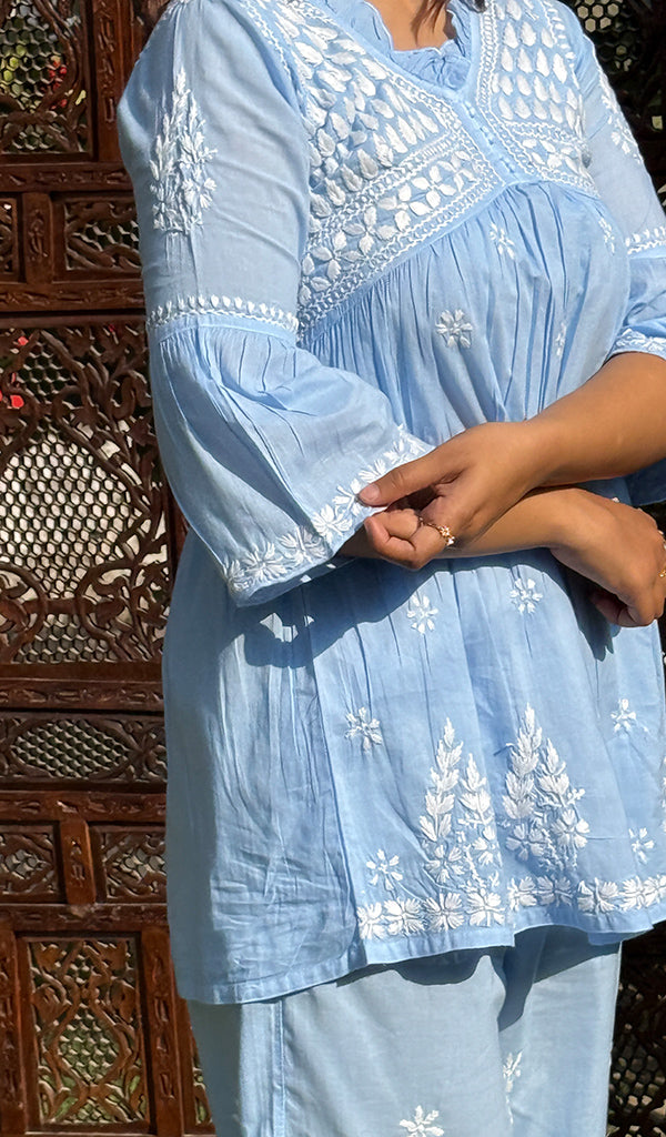 Rania Women's Lakhnavi Handcrafted Cotton Chikankari Short Kurta And Afghani pant Set - HONC0268718