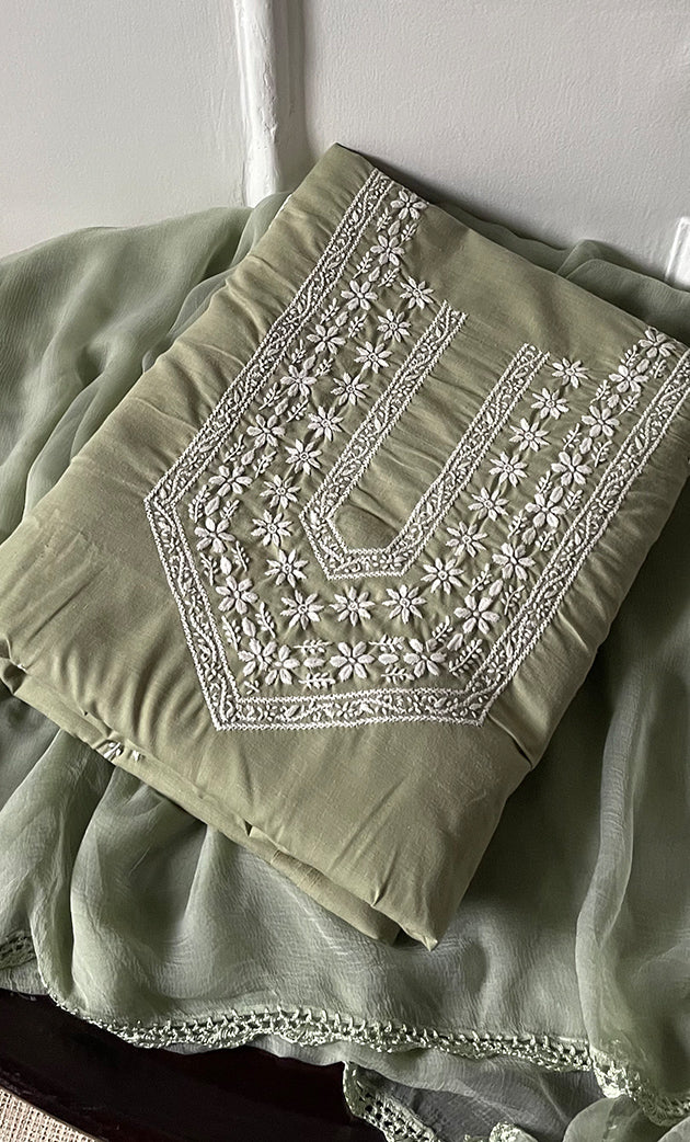 Women's Lakhnavi Handcrafted Unstitched Cotton Chikankari Suit Material - HONC0317004
