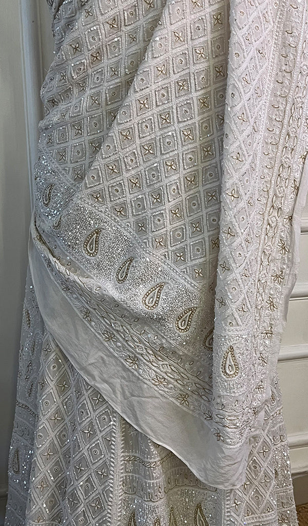 Women's Lakhnavi Handcrafted Bridal Pure Silk Georgette Chikankari Lehenga Set - HONC02690721