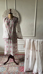 Load image into Gallery viewer, ‹› Women's Lakhnavi Handcrafted Mul Chanderi Semi - Stitched Kurta And Dupatta Set - HONC0365520