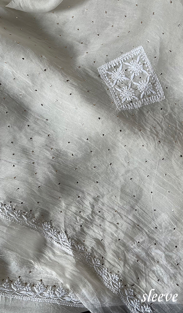 Women's Lakhnavi Handcrafted Pure Organza Chikankari Unstitched Kurta And Dupatta Set- HONC0292518