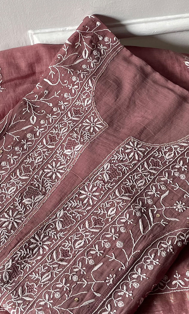 Women's Lakhnavi Handcrafted Mul Chanderi Semi -stitched Chikankari Full Suit Material - HONC0296117