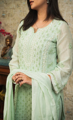 将图像加载到图库查看器中, Women's Lakhnavi Handcrafted Mul Chanderi Chikankari Stitched Kurta, Dupatta And Pant Set - HONC0321289
