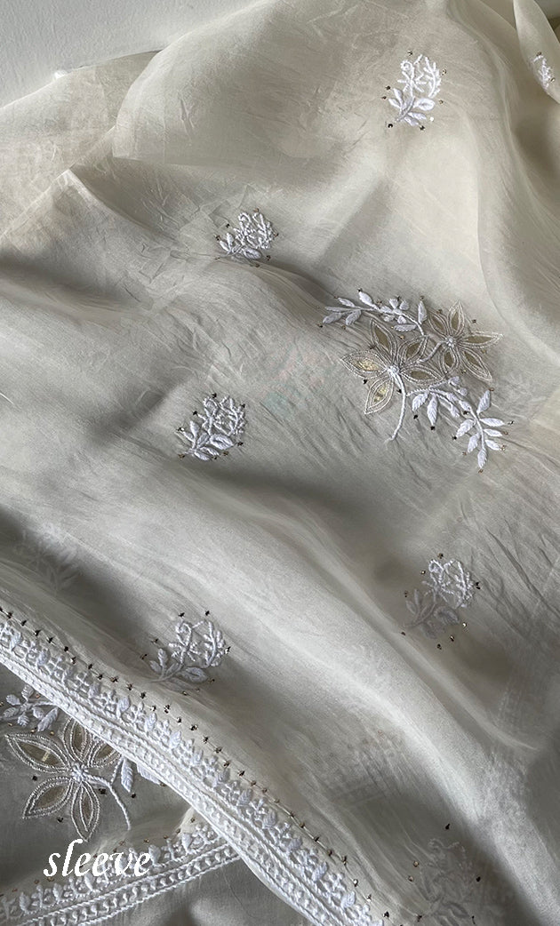 Women's Lakhnavi Handcrafted Pure Organza Chikankari Unstitched Kurta And Dupatta Set- HONC0320499