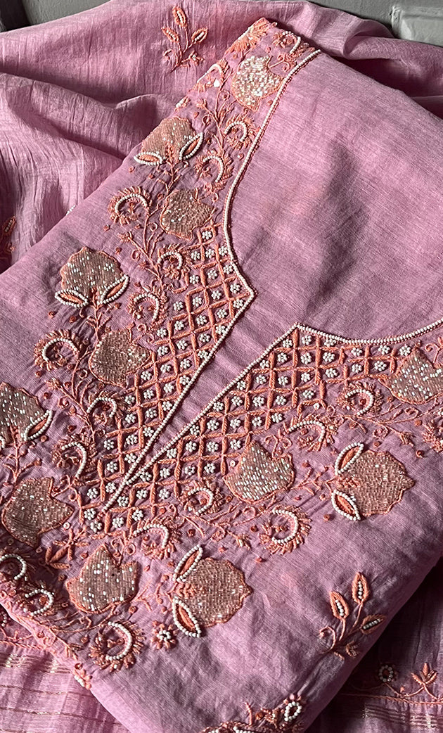 Women's Lakhnavi Handcrafted Mul Chanderi  Semi -Stitched Anarkali And Dupatta Set - HONC0273165