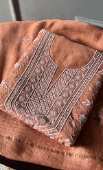 Load image into Gallery viewer, Women's Lakhnavi Handcrafted Munga Silk Unstitched Chikankari Kurta And Dupatta Set- HONC0272984