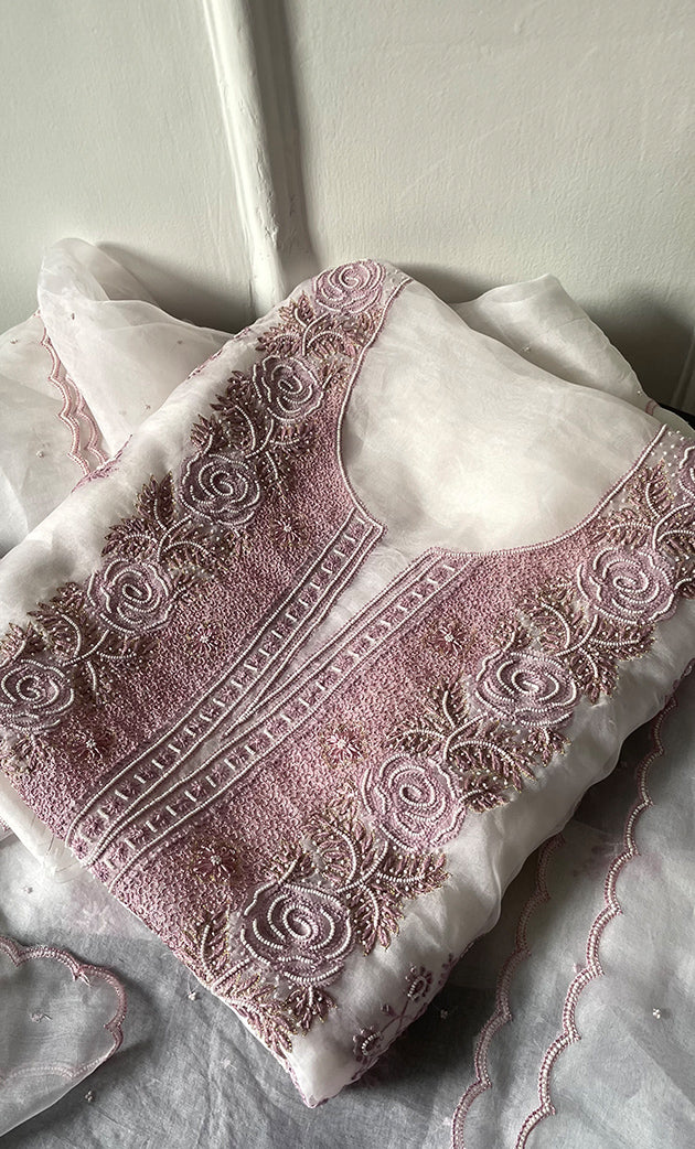 Mehnaj Women's Lakhnavi Handcrafted Pure Organza Chikankari Unstitched Kurta And Dupatta Set- HONC0316110