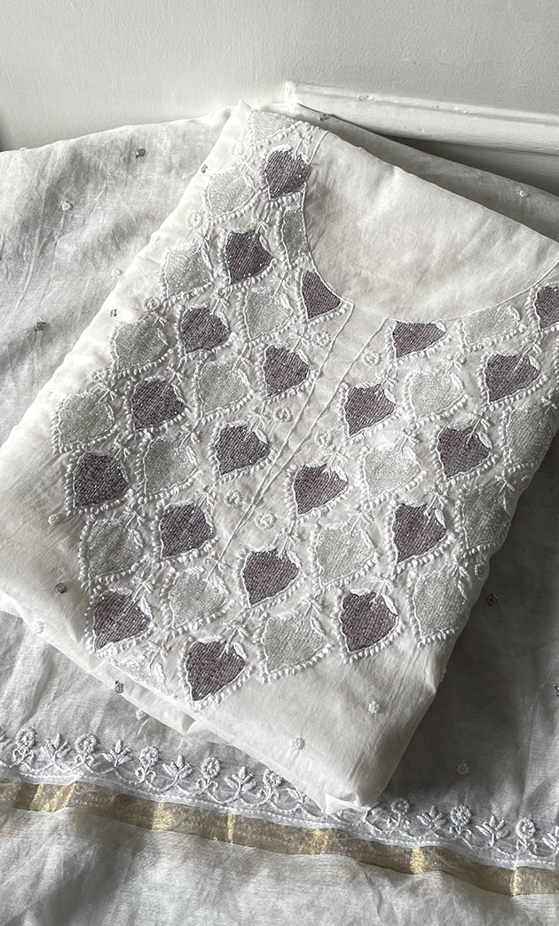 Amisha Women's Lakhnavi Handcrafted Mul Chanderi Unstitched Kurta And Dupatta Set - HONC0319464