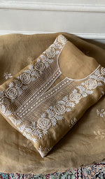 Load image into Gallery viewer, Women's Lakhnavi Handcrafted Pure Organza Chikankari Unstitched Kurta And Dupatta Set- HONC0346451