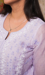 Load image into Gallery viewer, Women's Lakhnavi Handcrafted Mul Chanderi Chikankari Stitched Kurta, Dupatta And Pant Set - HONC0304131