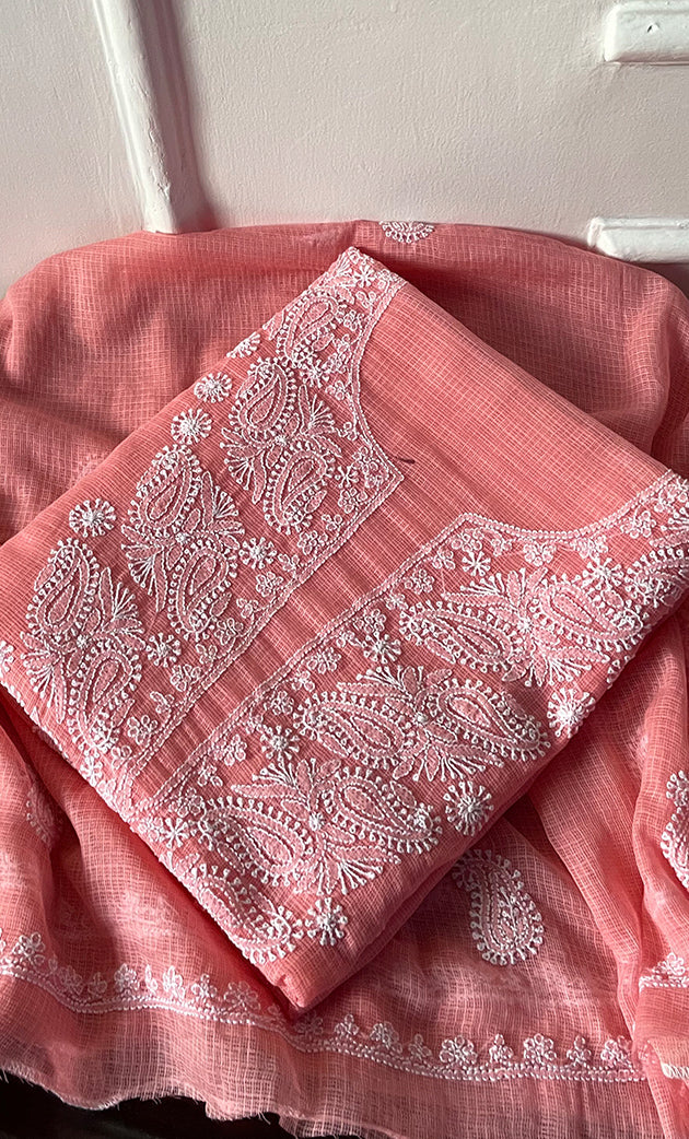 Women's Lucknowi Handcrafted Kota Cotton Chikankari Unstitched Kurta And Dupatta Set - HONC0303992