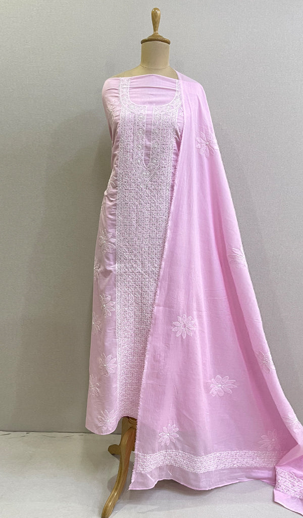Pink Women's Lakhnavi Handcrafted Cotton Chikankari Full Suit Material