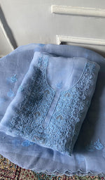 将图像加载到图库查看器中, Women's Lakhnavi Handcrafted Pure Organza Chikankari Unstitched Kurta And Dupatta Set- HONC0324986