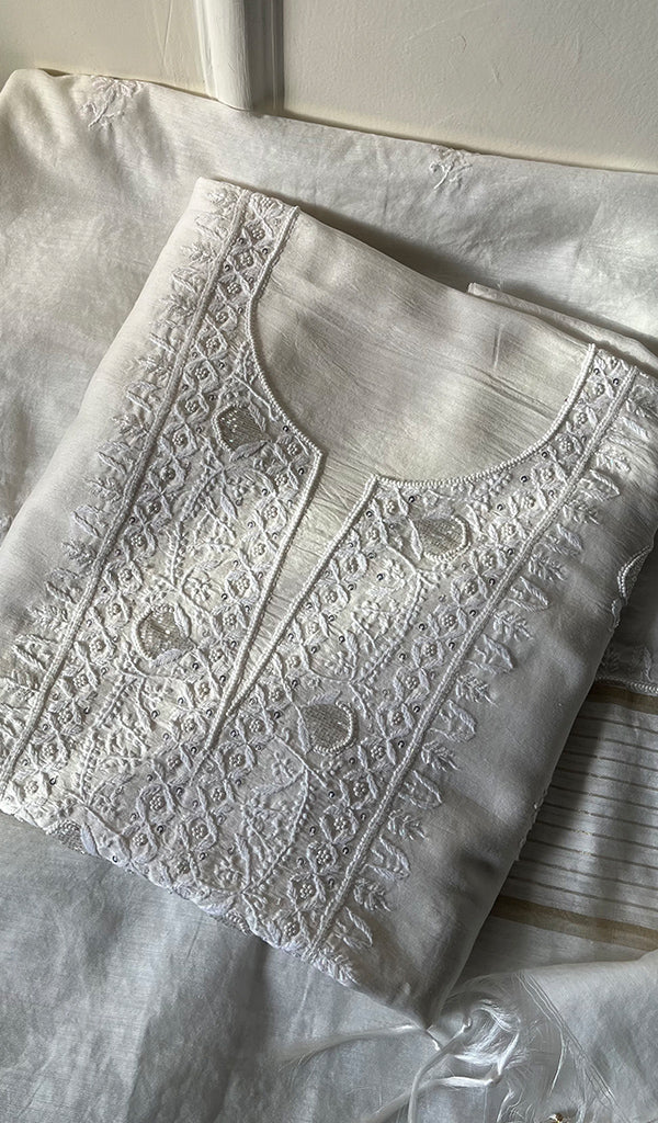 Irum Women's Lakhnavi Handcrafted Mul Chanderi Unstitched Kurta And Dupatta Set - HONC0278137