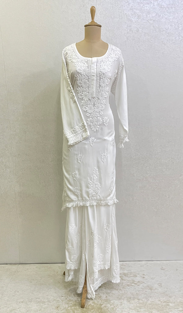 Women's Lakhnavi Handcrafted Modal Cotton Chikankari Kurta And Palazzo Set - HONC01666487