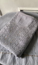 Load image into Gallery viewer, Women's Lakhnavi Handcrafted Maheshwari Mul Chanderi Unstitched Chikankari Full Suit Material - HONC0276232