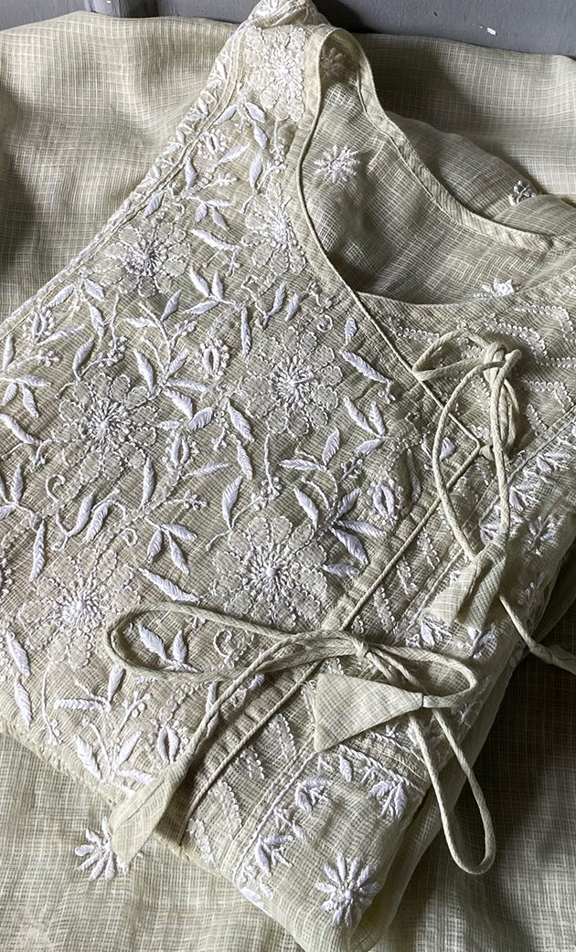 Sehmat Women's Lakhnavi Handcrafted Kota Cotton Semi - Stitched Angrakha And Dupatta Set- HONC0307361