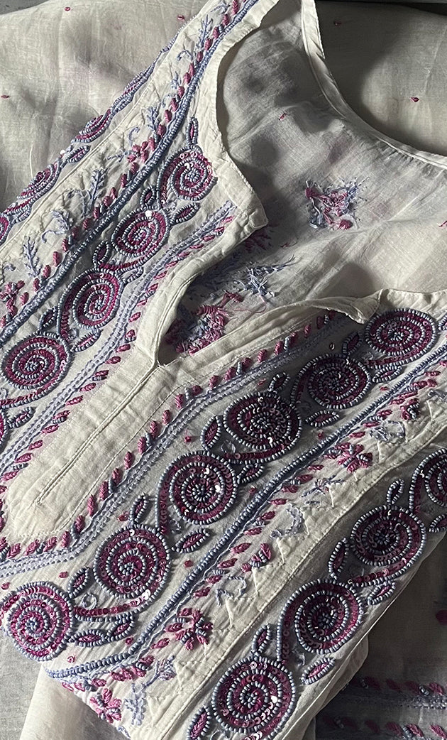 Aaliyah Women's Lakhnavi Handcrafted Mul Chanderi Semi - Stitched Kurta And Dupatta Set - HONC0239039