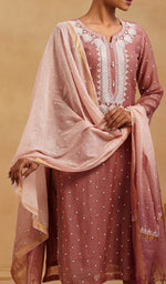 Load image into Gallery viewer, Jazba Women's Lakhnavi Handcrafted Mul Chanderi Chikankari Stitched Kurta, Dupatta And Pant Set - HONC0565945