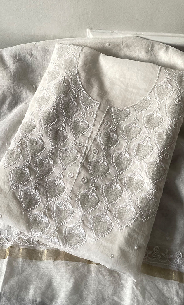 Amisha Women's Lakhnavi Handcrafted Mul Chanderi Unstitched Kurta And Dupatta Set - HONC0319463