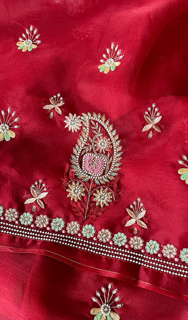 Women's Lakhnavi Handcrafted Pure Organza Chikankari Unstitched Kurta And Dupatta Set- HONC0272164