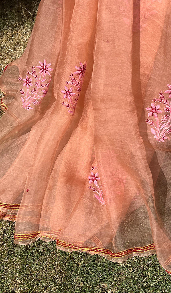 Women's Lucknowi Handcrafted Pure Organza Silk Chikankari SAREE - HONC0269063
