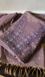 Load image into Gallery viewer, Women's Lakhnavi Handcrafted Tissue Chanderi Unstitched Kurta And Dupatta Set - HONC0270487