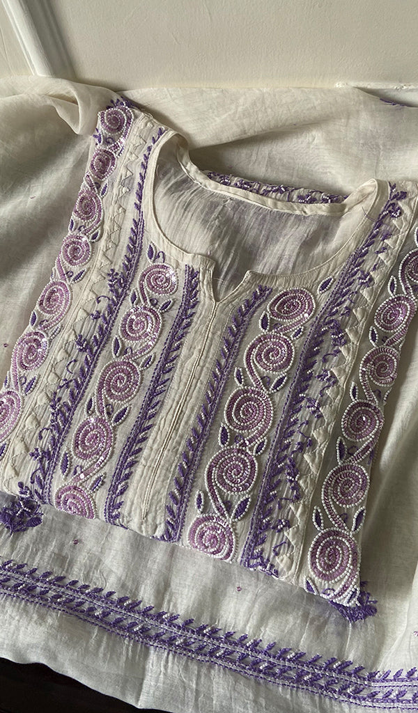 Aaliyah Women's Lakhnavi Handcrafted Mul Chanderi Semi - Stitched Kurta And Dupatta Set - HONC0290531