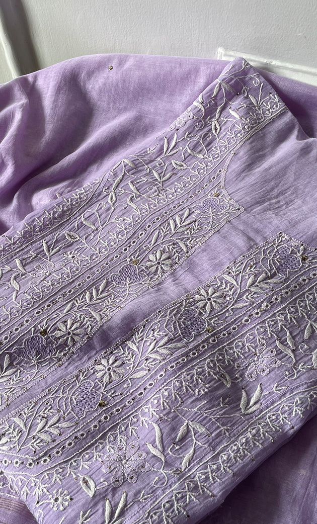Women's Lakhnavi Handcrafted Mul Chanderi Semi -stitched Chikankari Full Suit Material - HONC0296116