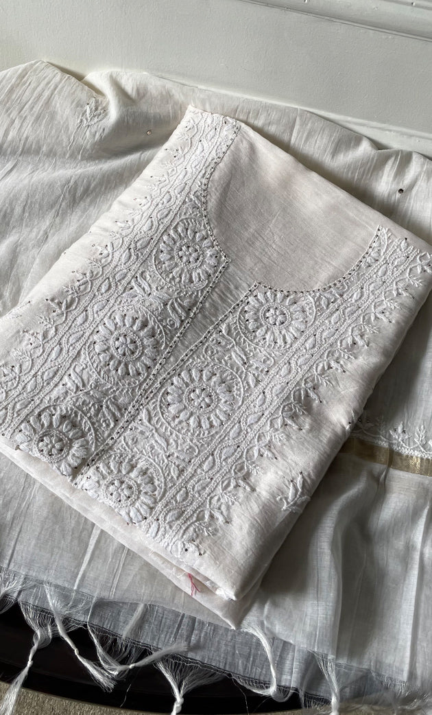 Women's Lucknowi Handcrafted Chanderi Silk Chikankari Kurta Dupatta Set - HONC0267143
