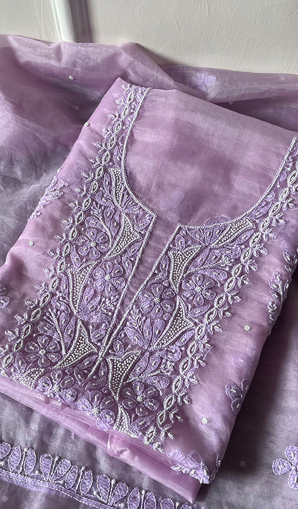 Women's Lakhnavi Handcrafted Organza Chikankari Unstitched Full Suit Material - HONC0271222