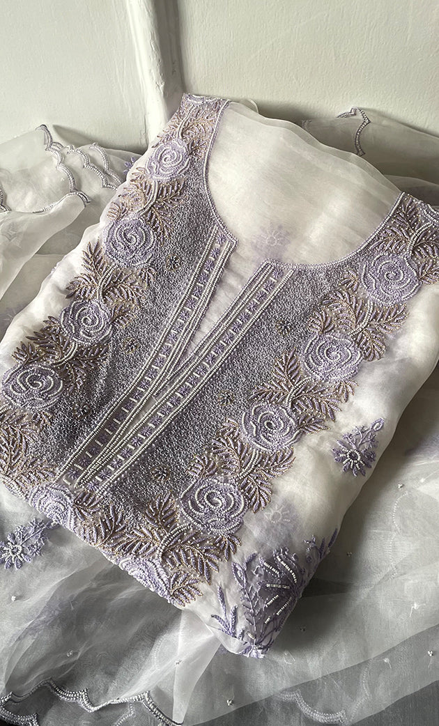 Mehnaj  Women's Lakhnavi Handcrafted Pure Organza Chikankari Unstitched Kurta And Dupatta Set- HONC0316109